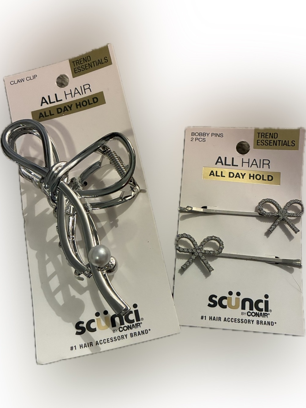 scunci Silver Bow Pearl Accent Claw Clip with Bow Bobby Pins Set